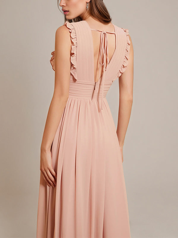Dusty Rose A Line Chiffon V Neck Sleeveless Floor-Length Bridesmaid Dresses With Ruffles
