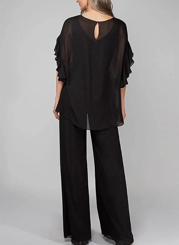 Tuta in chiffon con scollo rotondo e maniche a tre quarti, pantaloni per madre della sposa