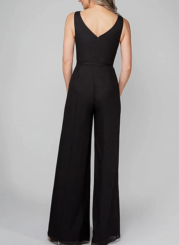 Tuta in chiffon con scollo rotondo e maniche a tre quarti, pantaloni per madre della sposa
