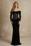 Off-Shoulder Velvet Maxi Dress with Embellished Corset Bodice