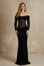 Off-Shoulder Velvet Maxi Dress with Embellished Corset Bodice