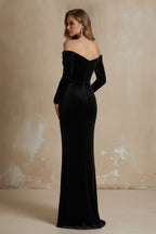 Off-Shoulder Velvet Maxi Dress with Embellished Corset Bodice