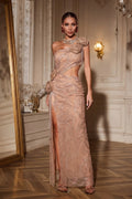 One-Shoulder Rosette Maxi Gown with Cutout and High Slit Detail