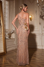 One-Shoulder Rosette Maxi Gown with Cutout and High Slit Detail