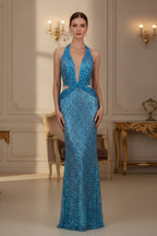 Sequin Halter Neck Maxi Dress with Waist Cutout Detail