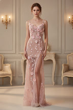 Floral Applique Spaghetti Strap Maxi Dress with Side Slit