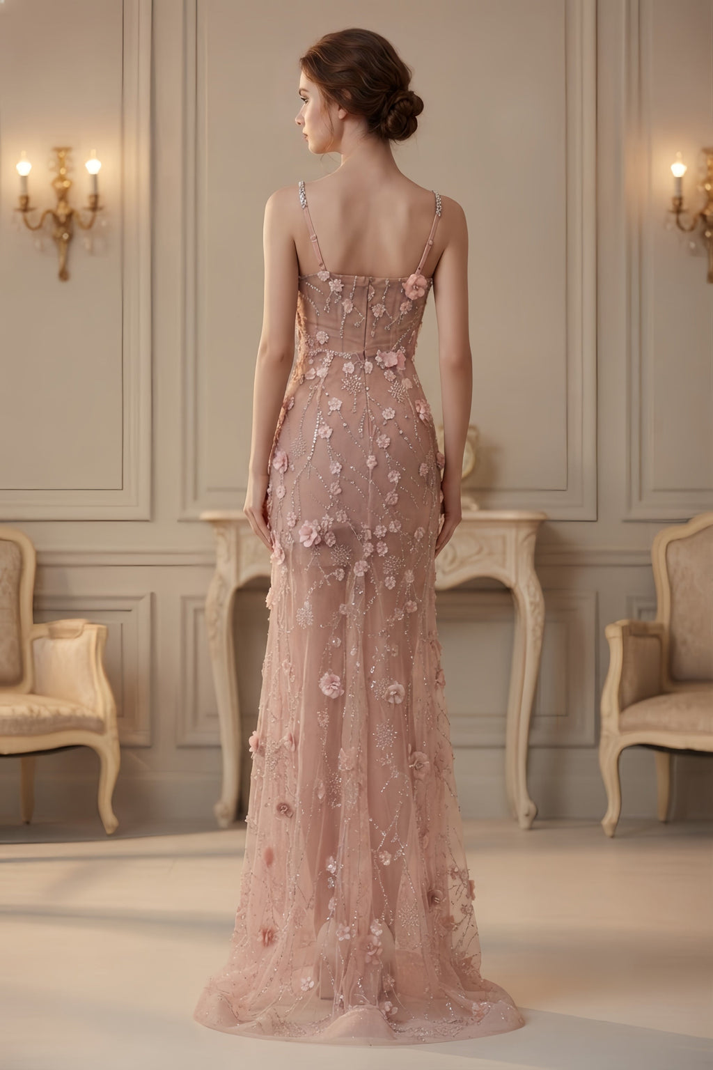 Floral Applique Spaghetti Strap Maxi Dress with Side Slit