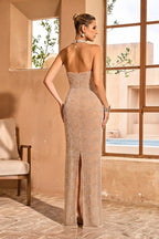 Halter Neck Beaded Maxi Dress with Scalloped Pattern Detail