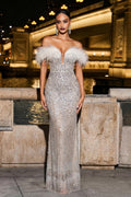 Off-Shoulder Feather Trim Maxi Gown with Embellished Bodice