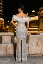 Off-Shoulder Feather Trim Maxi Gown with Embellished Bodice