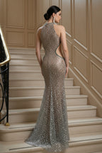 Beaded and Sequined Mermaid Gown with Halter Neck and Cutouts