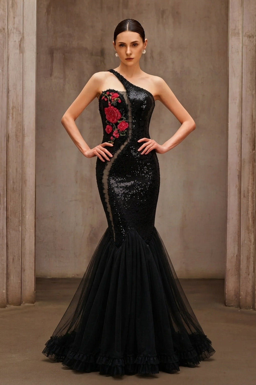Floral Embroidered One-Shoulder Sequin Mermaid Evening Dress