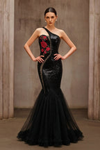 Floral Embroidered One-Shoulder Sequin Mermaid Evening Dress