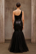 Floral Embroidered One-Shoulder Sequin Mermaid Evening Dress