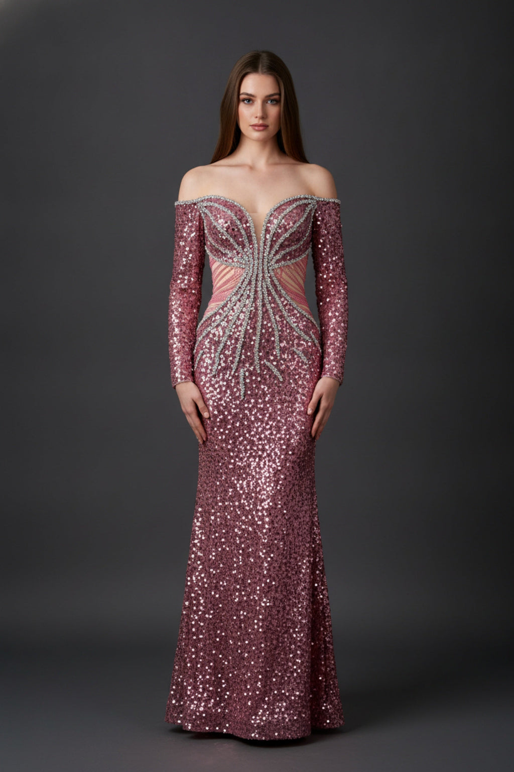 Off-the-Shoulder Long Sleeve Sequin Mermaid Gown with Cutouts