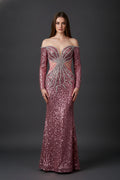Off-the-Shoulder Long Sleeve Sequin Mermaid Gown with Cutouts