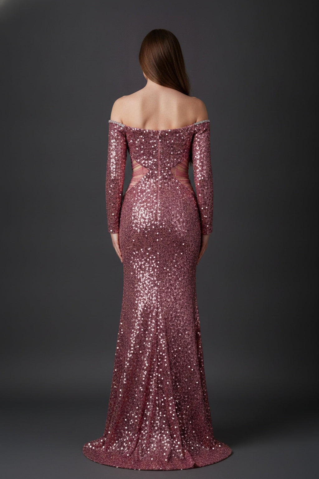 Off-the-Shoulder Long Sleeve Sequin Mermaid Gown with Cutouts
