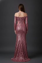 Off-the-Shoulder Long Sleeve Sequin Mermaid Gown with Cutouts