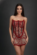 Strapless Corset Mini Dress with Draped Beaded Net Overlay