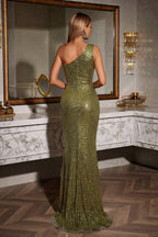 One-Shoulder Sequin Mermaid Gown with Floral Accent and High Slit