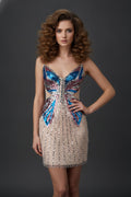 Butterfly Motif Beaded Mini Dress with Spaghetti Straps