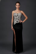 Strapless Velvet Gown Featuring Spiral Accents and a Side Slit