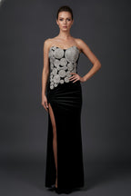Strapless Velvet Gown Featuring Spiral Accents and a Side Slit