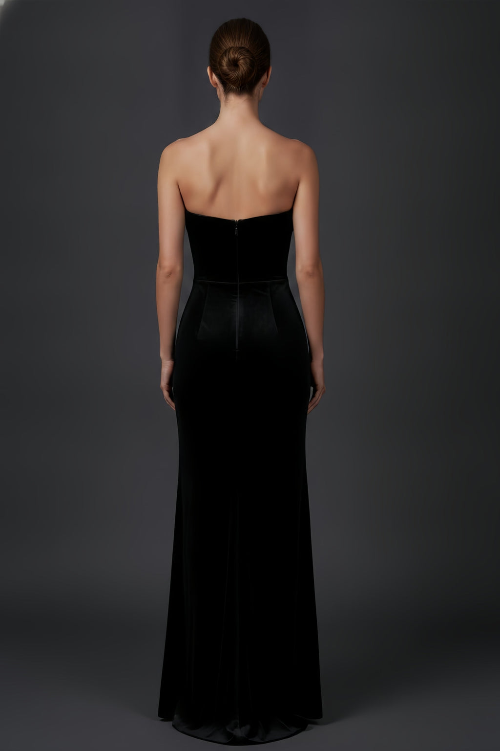 Strapless Velvet Gown Featuring Spiral Accents and a Side Slit