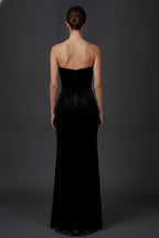 Strapless Velvet Gown Featuring Spiral Accents and a Side Slit