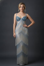 Tiered Fringe and Beaded Sequin Gown with Spaghetti Straps