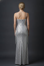 Tiered Fringe and Beaded Sequin Gown with Spaghetti Straps