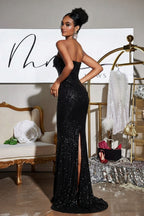 Strapless Sequin Mermaid Floor-Length Evening Gown with Back Slit