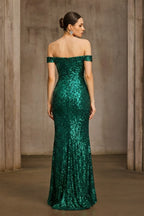 Off-the-Shoulder Sequin Mermaid Gown with Plunging Neckline