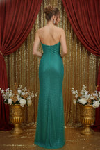 Strapless Sequined Floor-Length Gown with Slit and Floral Accent