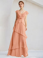 Coral Chiffon A Line V Neck Sleeveless Floor Length Dress With Ruffle