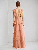 Coral Chiffon A Line V Neck Sleeveless Floor Length Dress With Ruffle