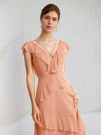 Coral Chiffon A Line V Neck Sleeveless Floor Length Dress With Ruffle