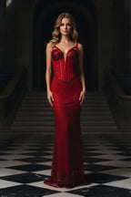 Sparkly Bodycon Gown with Corset Details and Plunging Neckline