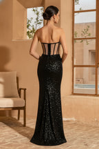 Sheer Corset Bodice Gown with Sequins and Slit