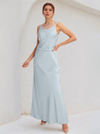Ice Blue Sheath/Column Satin V Neck Sleeveless Floor Length Bridesmaid Dresses