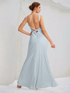 Ice Blue Sheath/Column Satin V Neck Sleeveless Floor Length Bridesmaid Dresses
