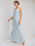 Ice Blue Sheath/Column Satin V Neck Sleeveless Floor Length Bridesmaid Dresses