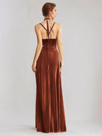 Burnt Orange Velvet A Line Spaghetti Straps Sleeveless Floor Length Dress