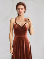 Burnt Orange Velvet A Line Spaghetti Straps Sleeveless Floor Length Dress