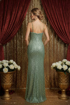 Spaghetti Strap Sequin Gown with Sheer Plunge Neckline