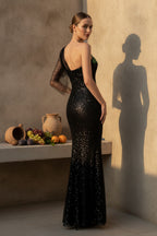 One-Shoulder Sequined Gown with Floral Beading and Sheer Sleeve