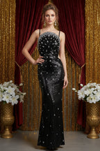 Sparkly Sequin Mermaid Gown with Cutouts and Embellished Neckline