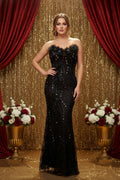 Strapless Mermaid Gown with Colorful Glitter and Ruffled Bust