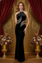 Embellished High Neck Fitted Gown with Sheer Cutout Panels