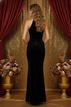 Embellished High Neck Fitted Gown with Sheer Cutout Panels